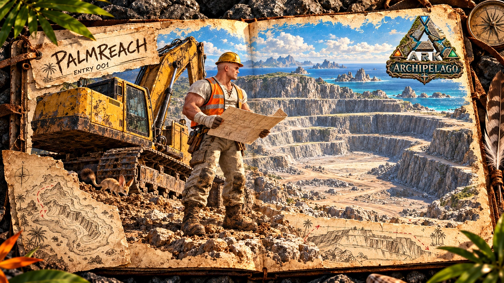 Illustrated open field journal showing the Palmreach survivor in construction clothes beside a digger and the island’s first rough earthworks.
