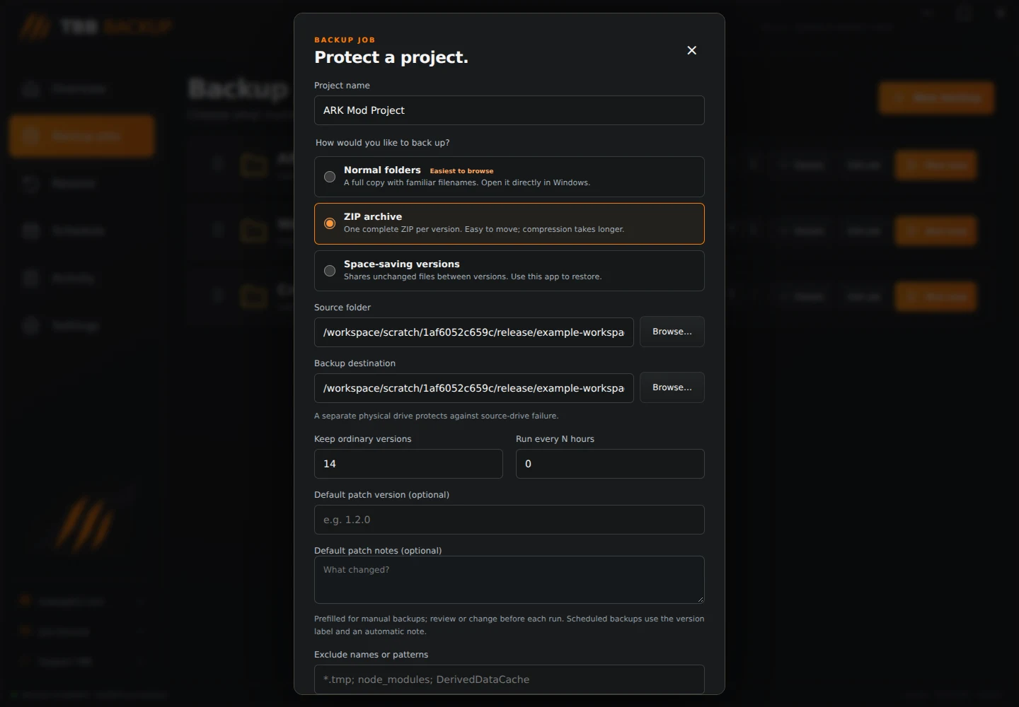TBB Backup job settings screen