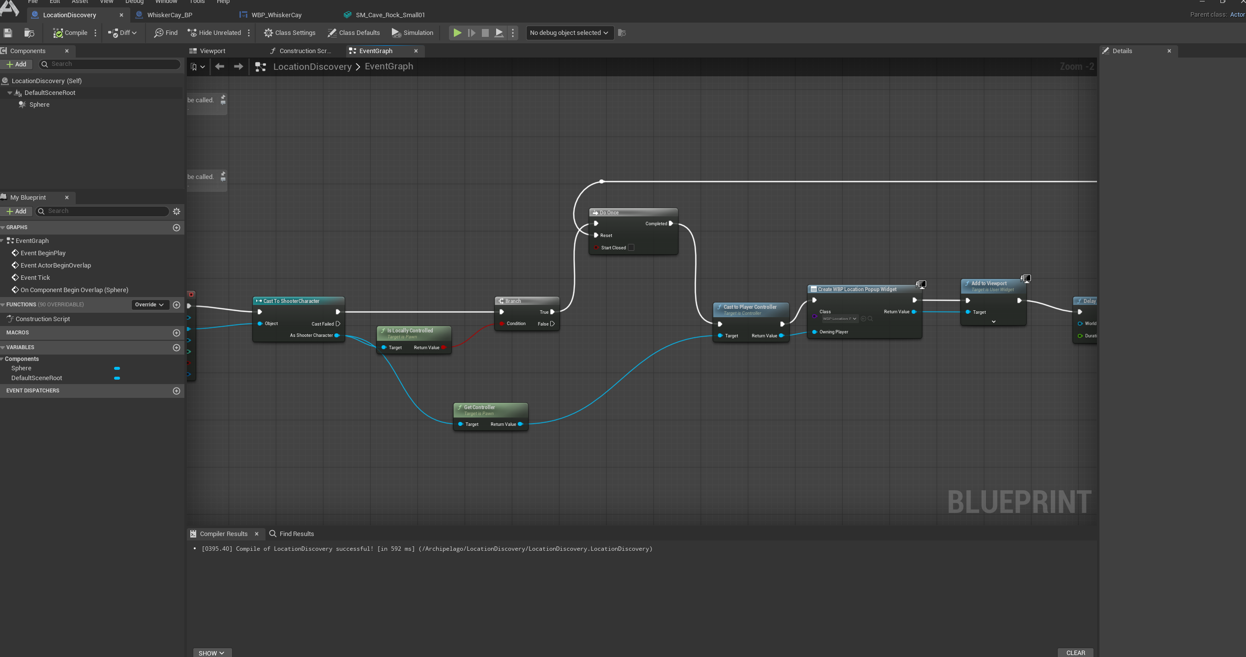 ASA DevKit LocationDiscovery Blueprint graph showing the player overlap logic, Do Once gate and creation of the location popup widget.