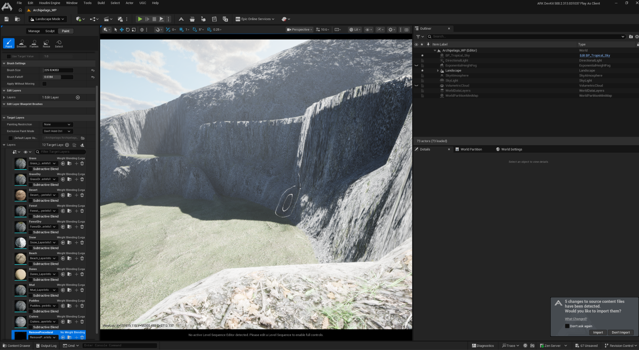 Rough cliff terraces and a deep excavated bowl on Palmreach, viewed in the ASA DevKit landscape editor.