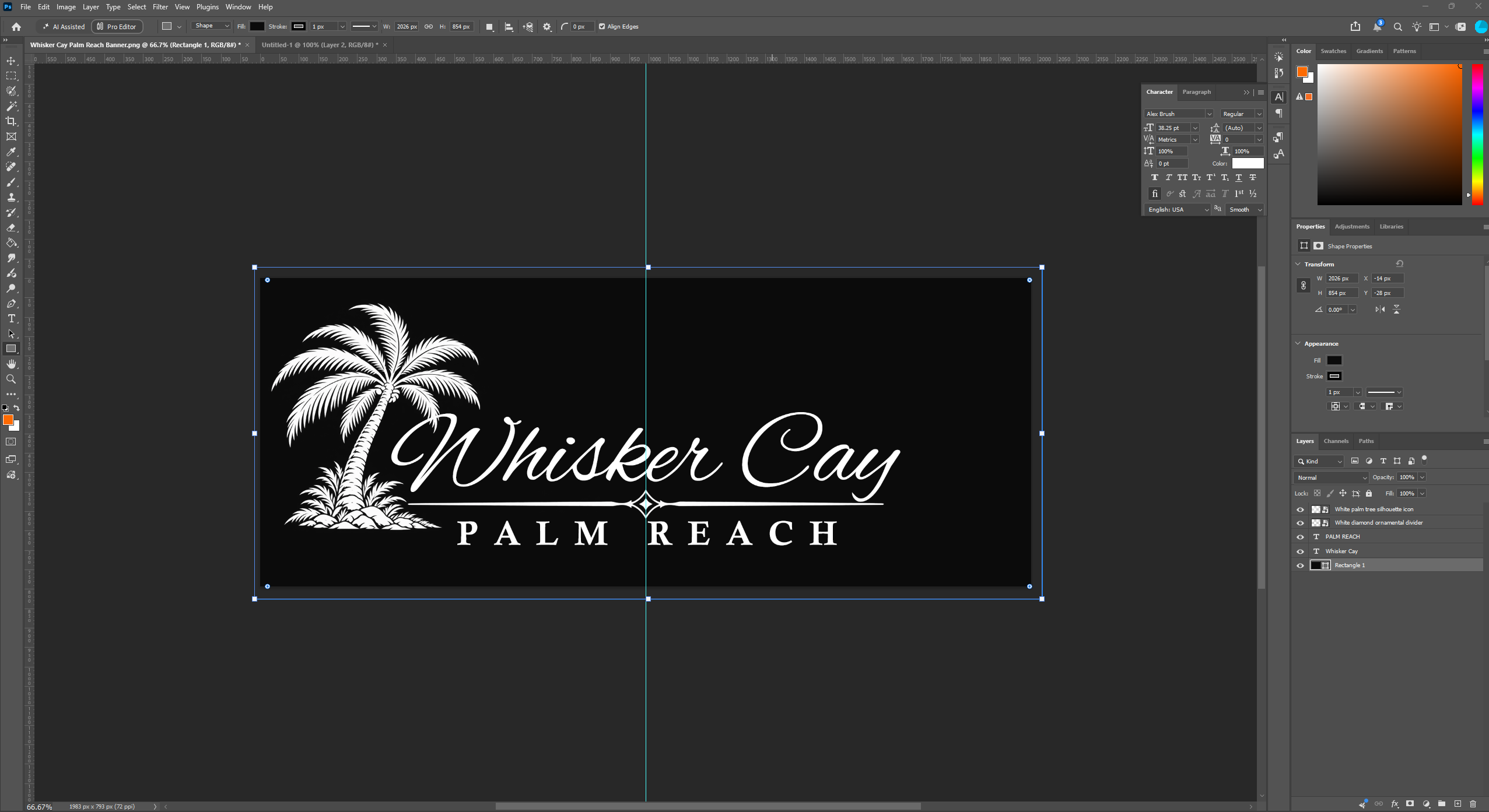Whisker Cay location banner being designed in Photoshop, with a white palm tree, script lettering, diamond divider and Palmreach subtitle.