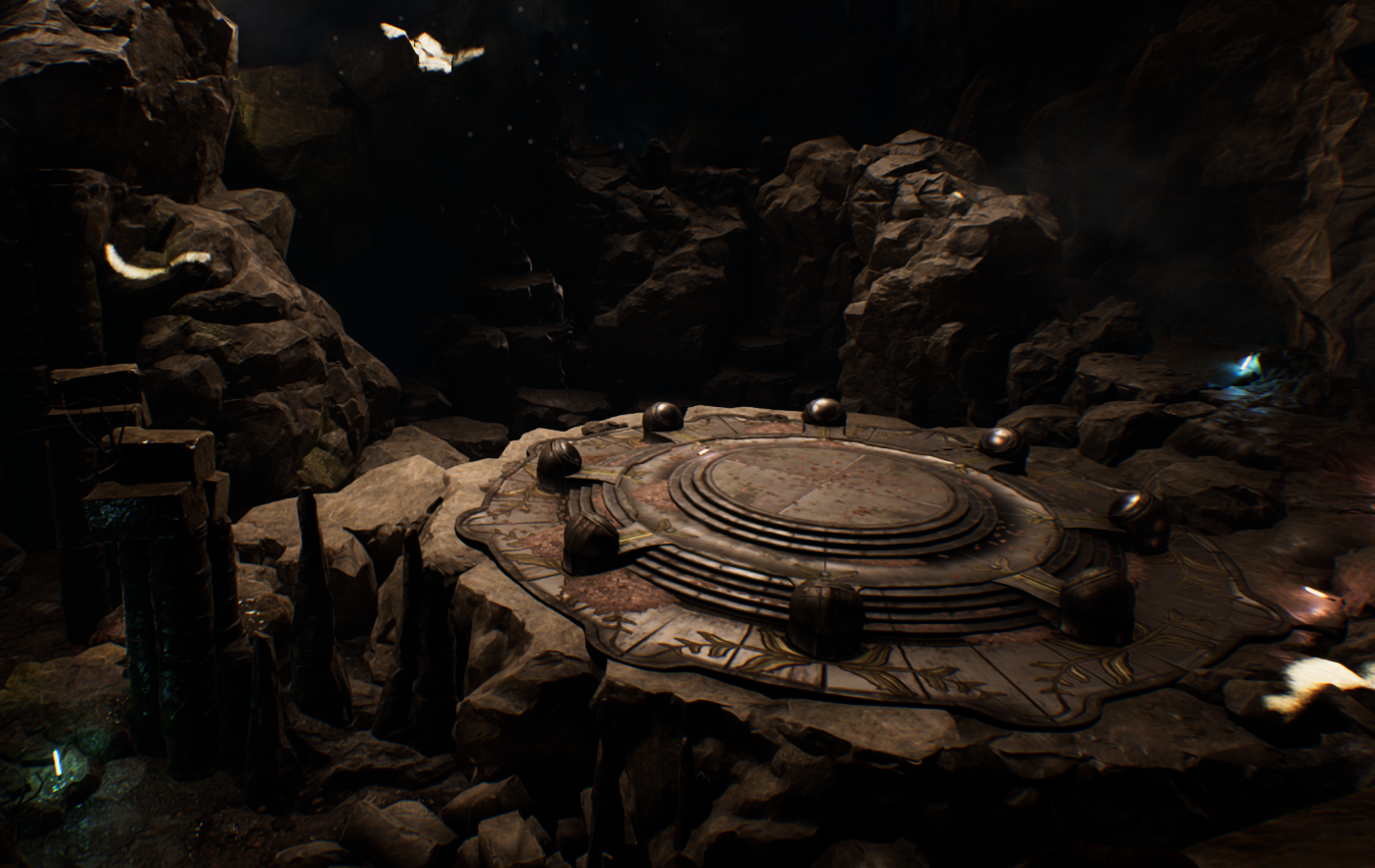 A darker view of Paradise Lost’s concentric stone platform, rounded stone caps, stalagmites and rugged cavern walls.