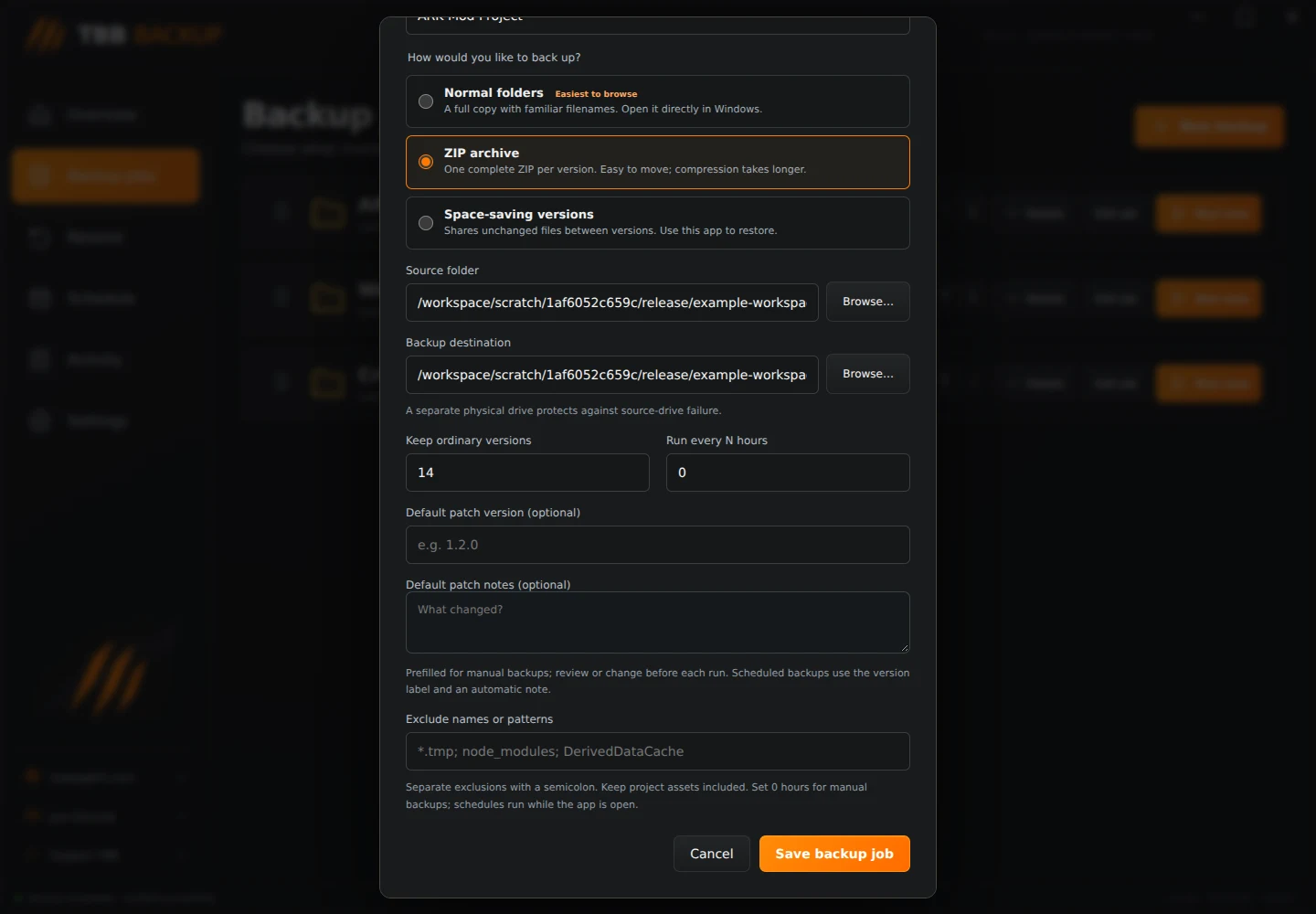 TBB Backup job settings more screen