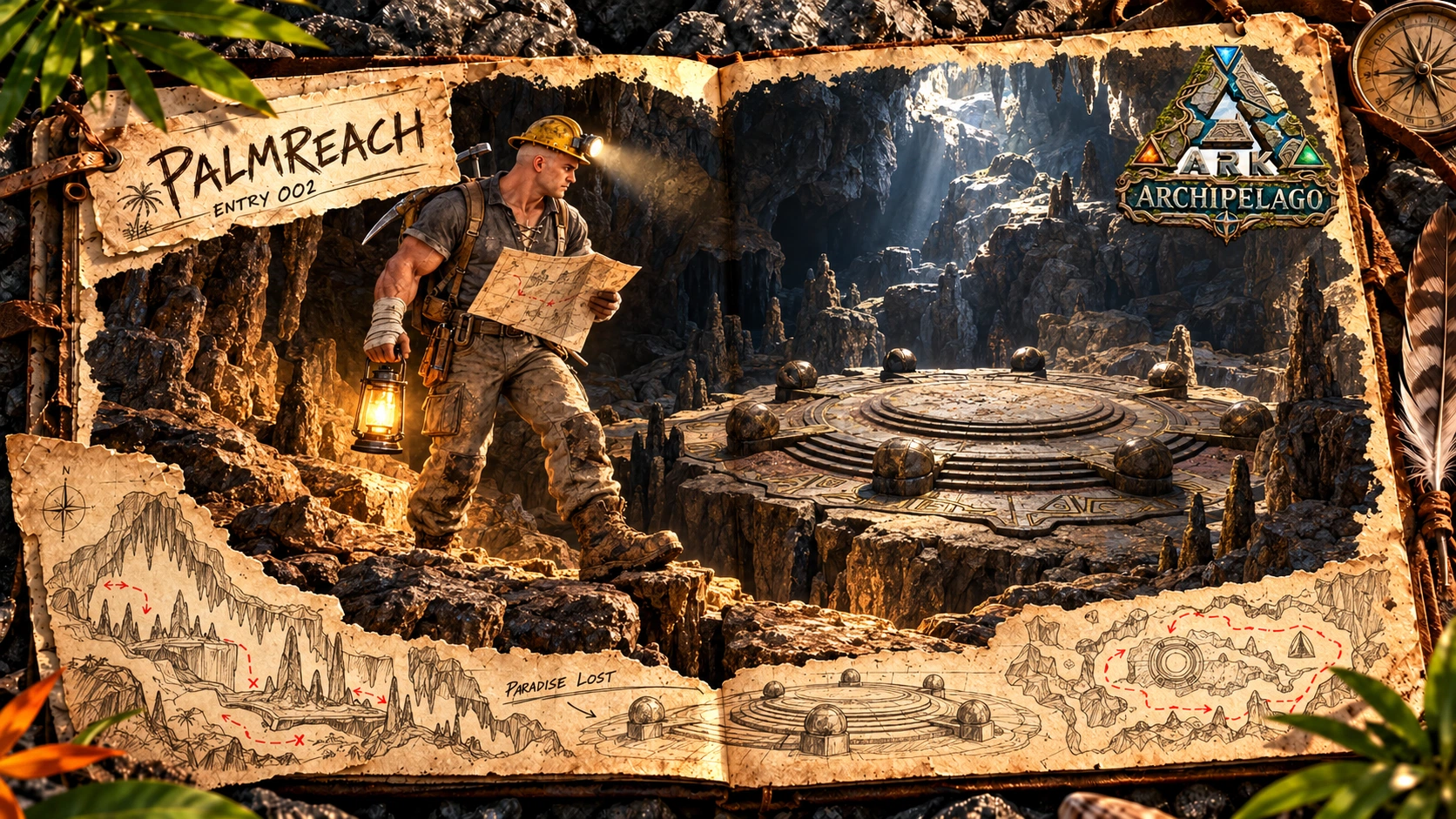 Illustrated field journal showing the Palmreach survivor as a miner with a lantern and map, exploring Paradise Lost’s circular stone platform and rocky cavern.