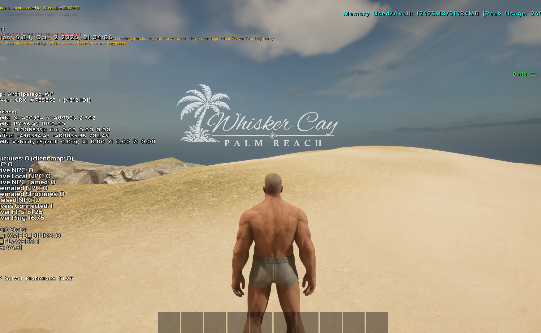 Third-person ASA DevKit test on the sandy shore showing the white Whisker Cay location discovery banner, palm tree and Palmreach subtitle.