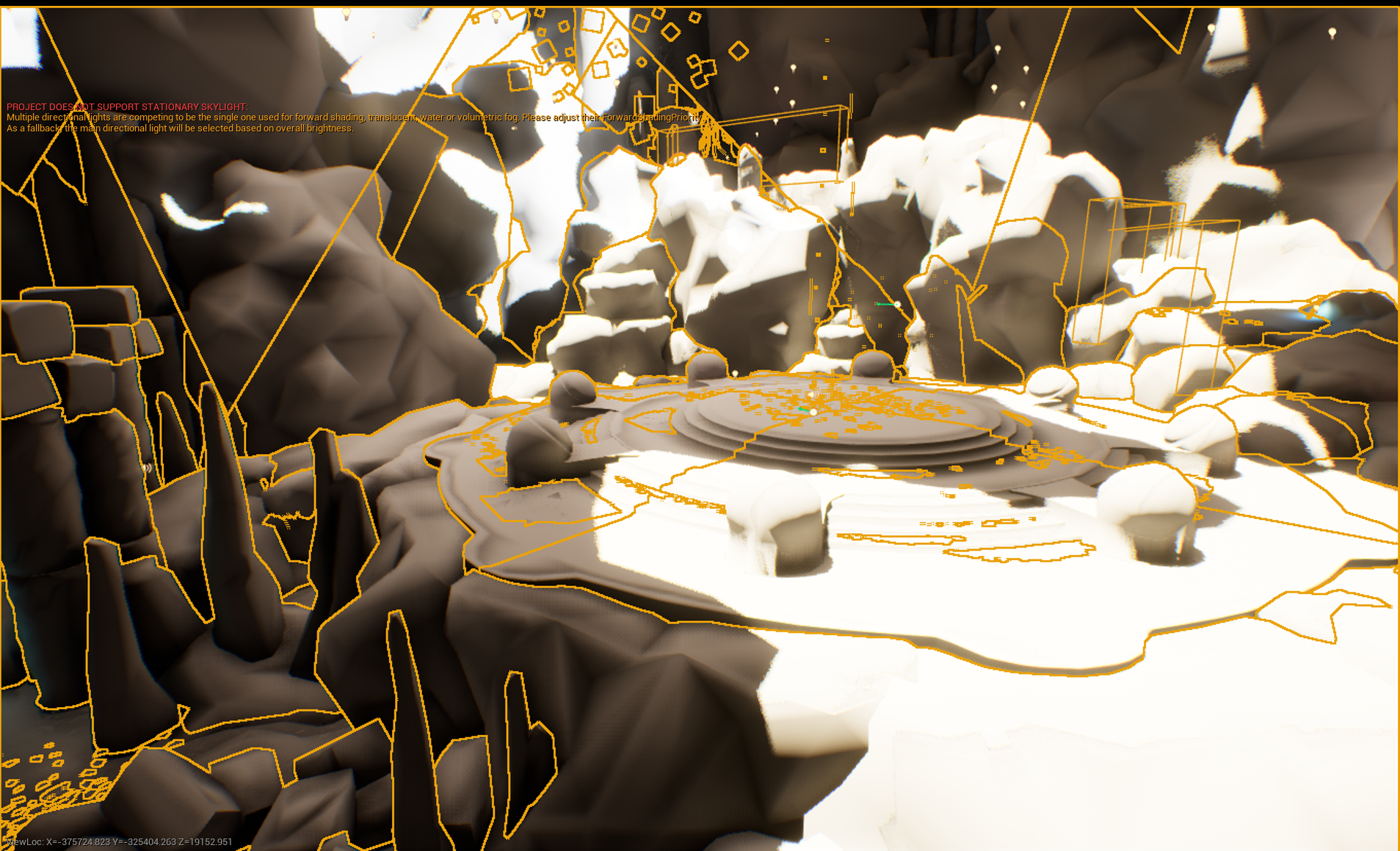 Paradise Lost’s circular platform and cave pieces selected in the ASA DevKit, with strong white lighting and orange selection outlines.