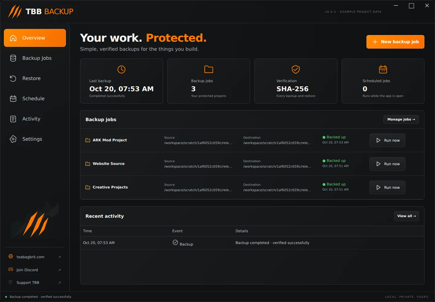 TBB Backup overview interface