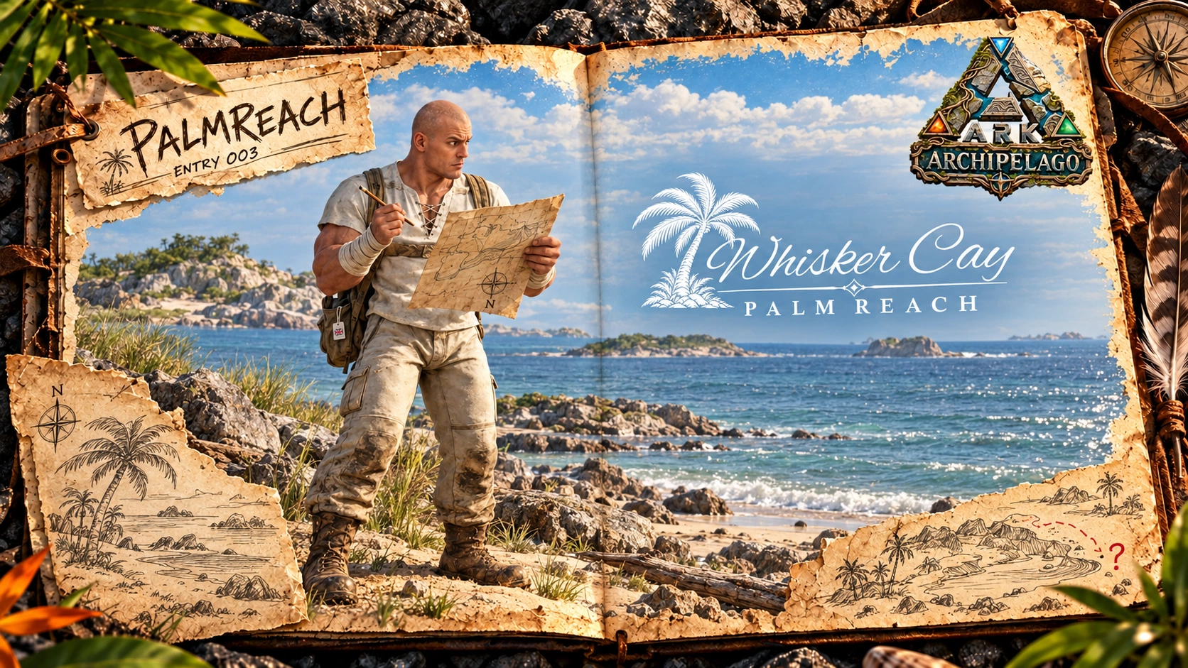 Illustrated open field journal showing the recurring Palmreach survivor dressed as an explorer, holding an upside-down map beside the sea as the elegant Whisker Cay discovery announcement appears.