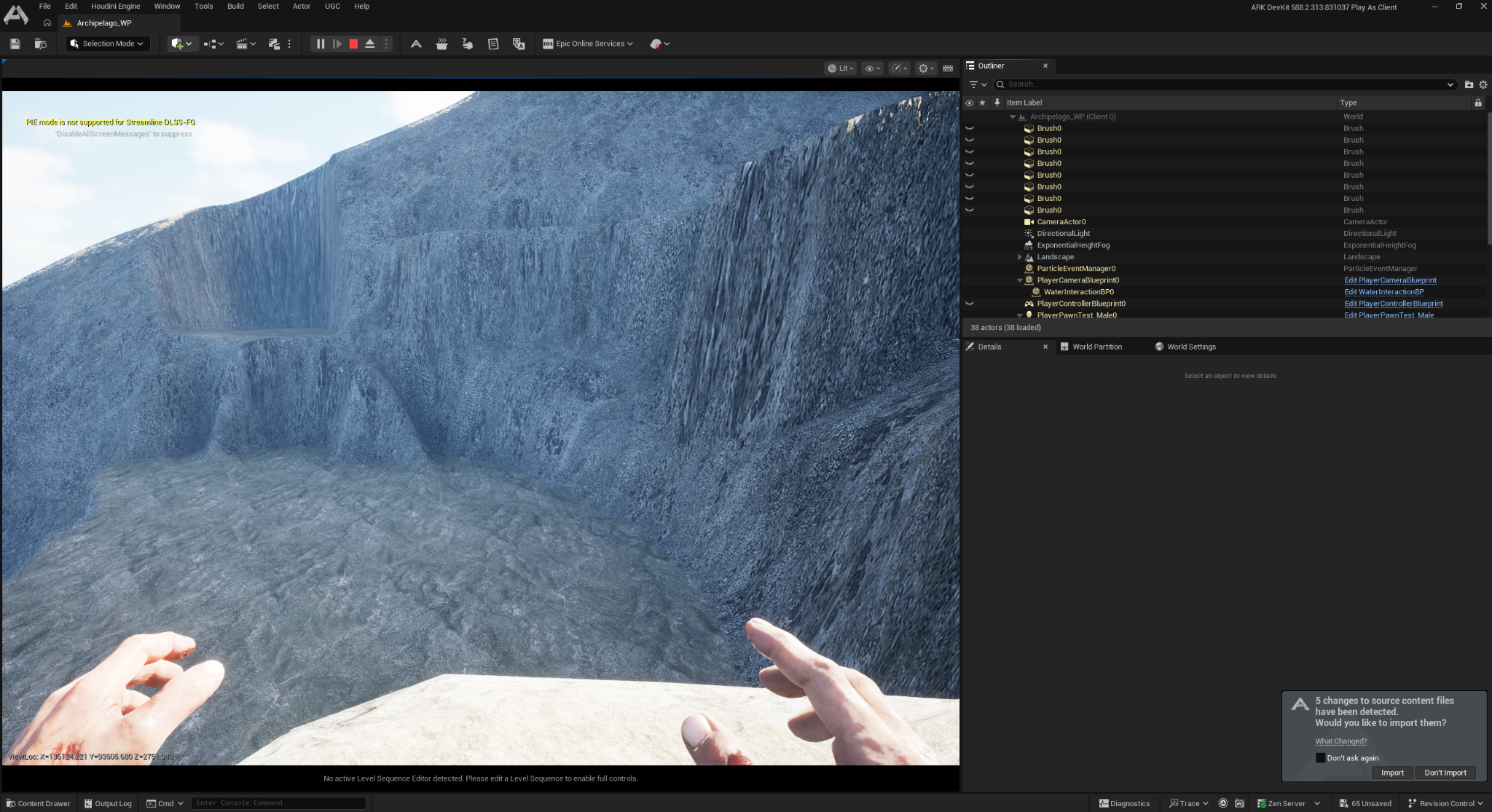 First-person survivor view looking into Palmreach’s early excavation, checking the height and scale of the surrounding cliffs.