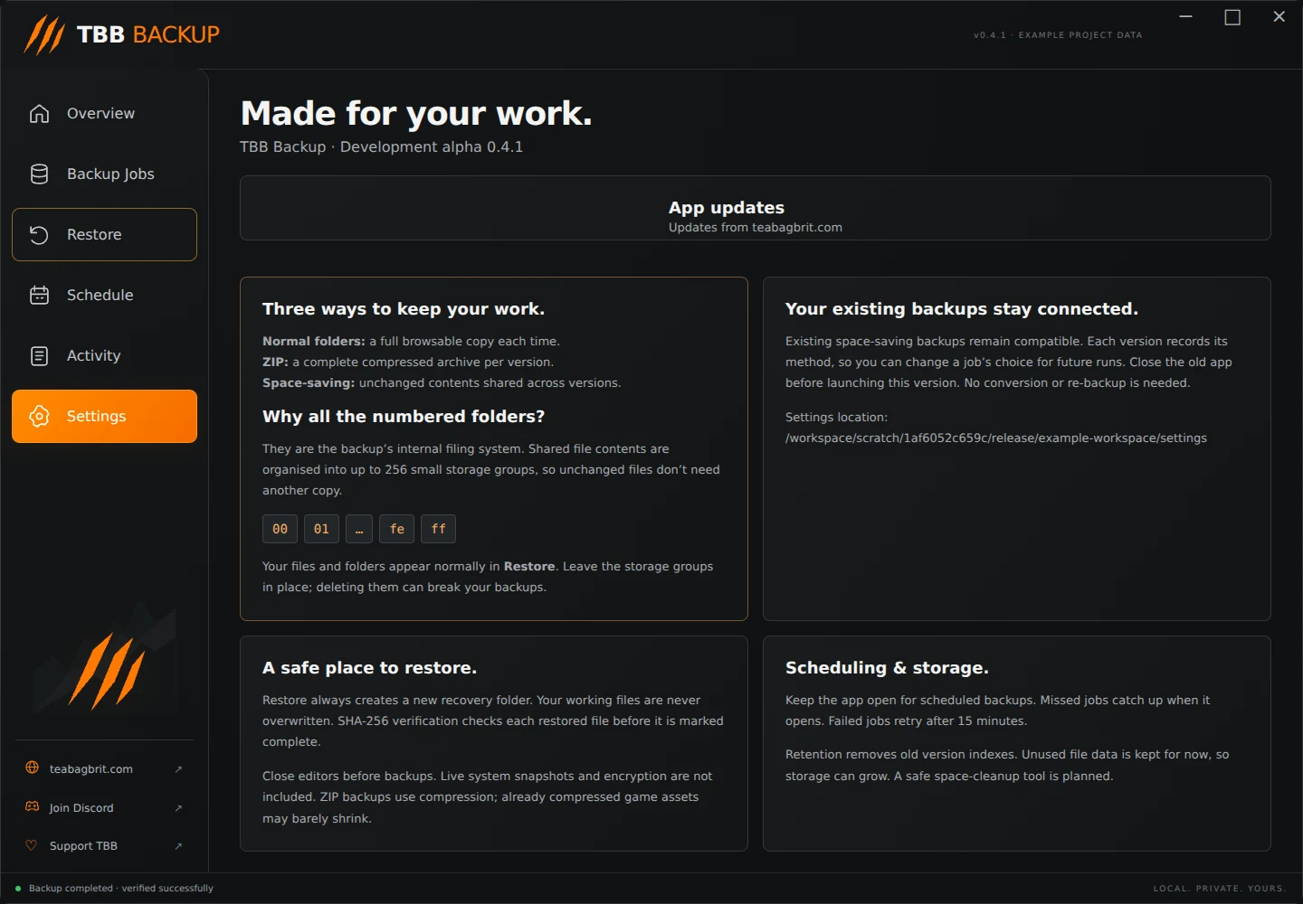 TBB Backup settings screen