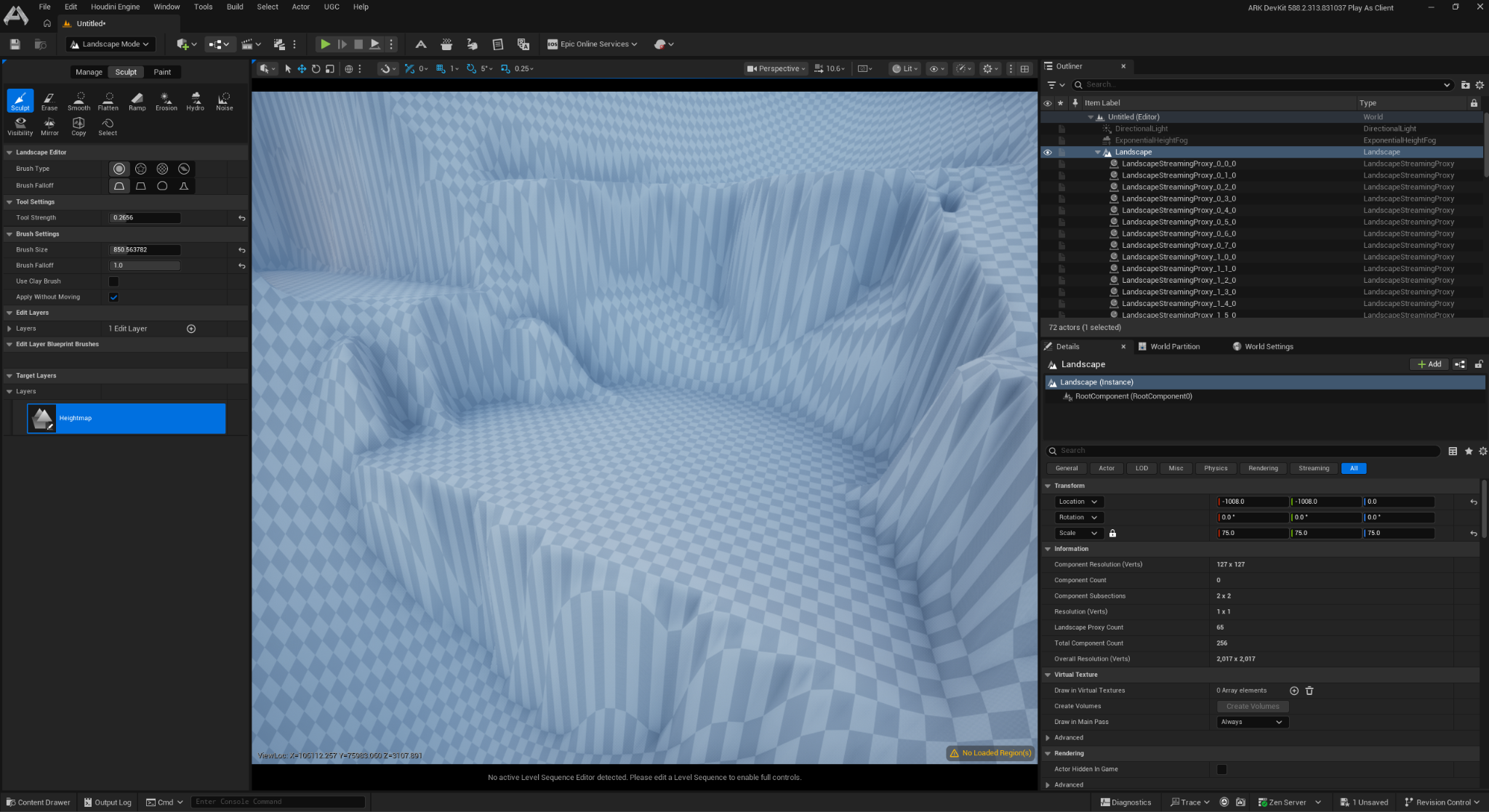 Palmreach’s first rough terrain blockout in the ASA DevKit, with checkerboard material showing the carved slopes and stepped excavation.