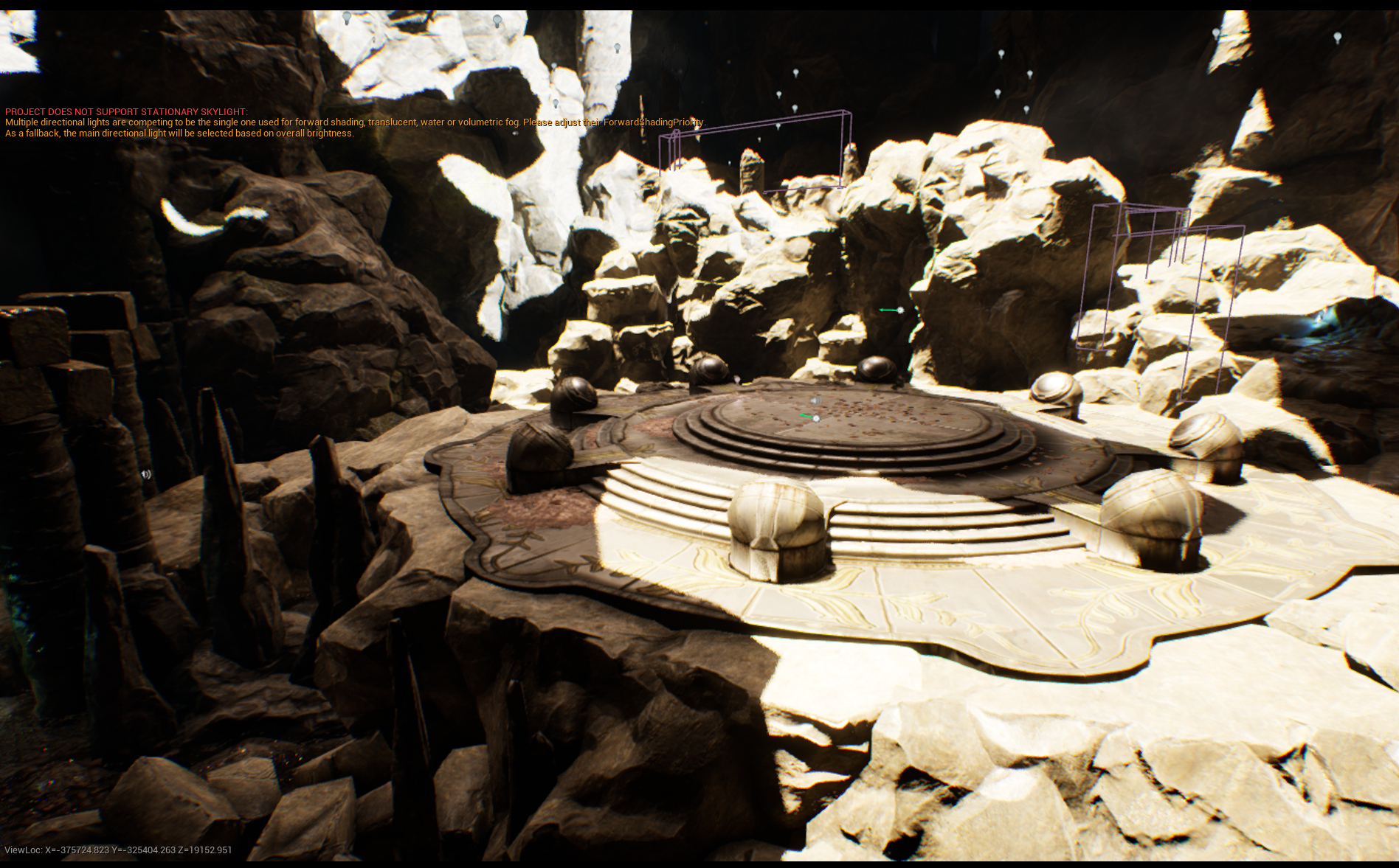 The carved circular stone platform in Paradise Lost, surrounded by stalagmites, bright rock faces and deep shadows during cave lighting tests.