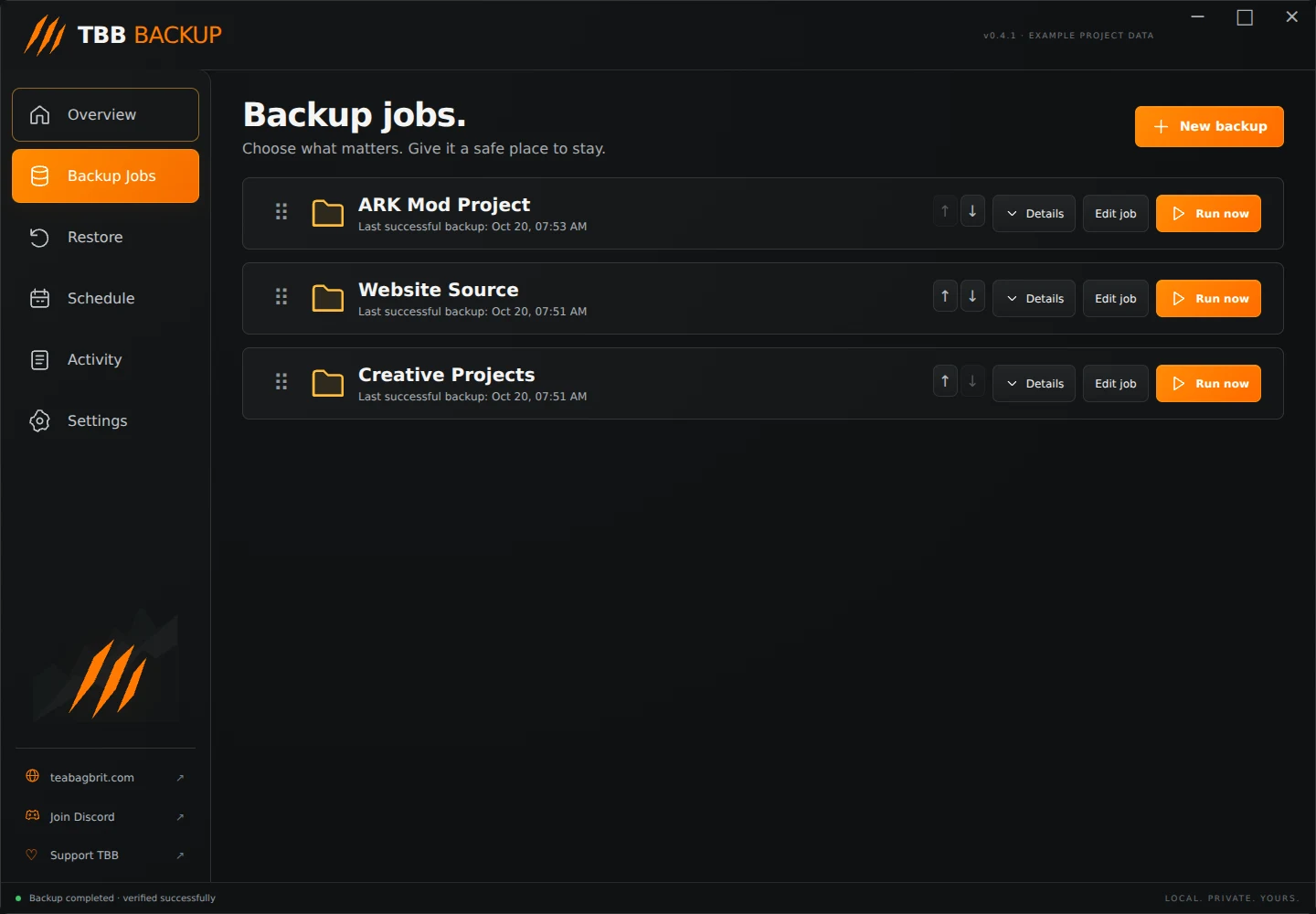 TBB Backup jobs interface